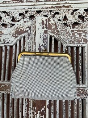 Whiting & Davis White Vintage Mesh Clutch with Gold Frame